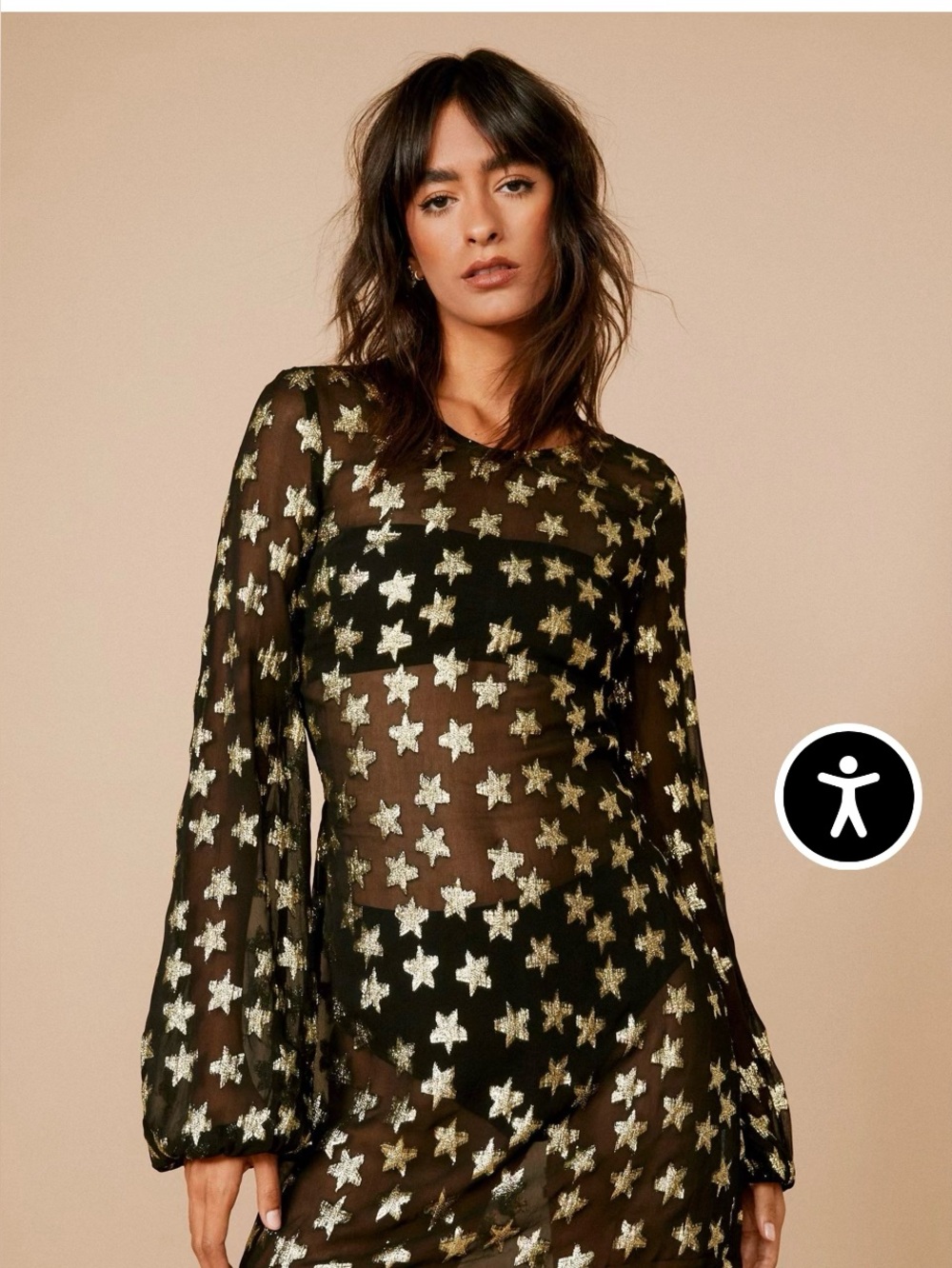 Nasty Gal Black Sheer Long-Sleeve Dress with Gold Star Print